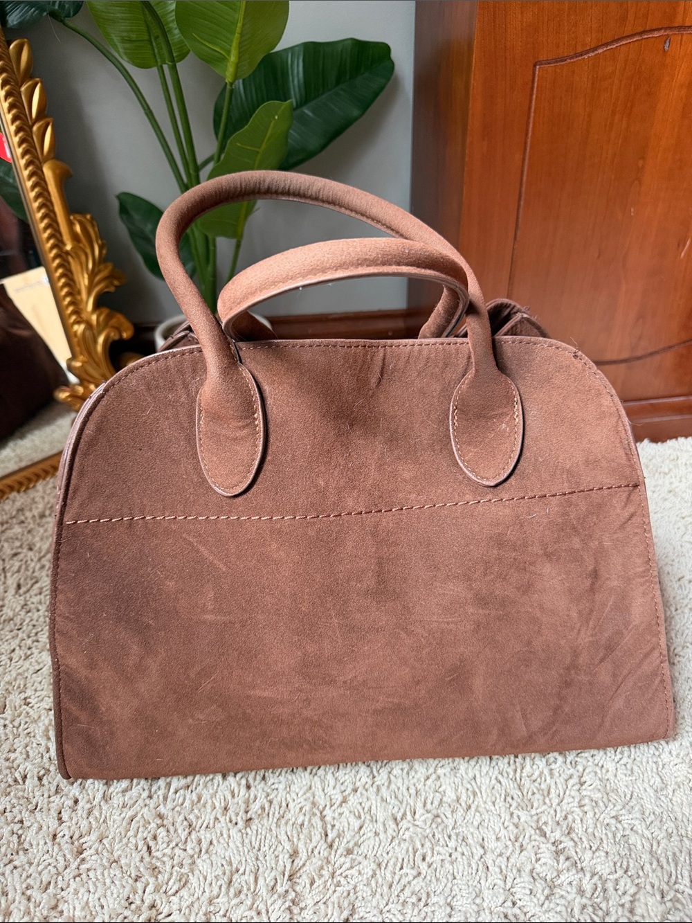 Suede Brown Dome-Top Satchel Handbag
